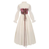 Vintage Palace Style Medieval Retro Beige Women Lace-up Floral Belt Dress Cosplay Costume Outfits Halloween Carnival Suit